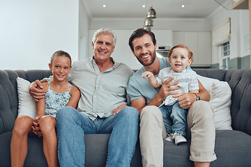 Image showing Portrait of children, dad and grandfather on sofa, generations of family together in living room. Love, home and father with kids and grandpa from Australia relax and smile on couch in home apartment