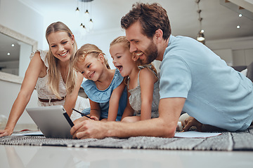 Image showing Happy family, bonding or lying children on tablet in house or home living room on social media website, video call or movie streaming app. Smile, kids and mother, father or parents on technology show