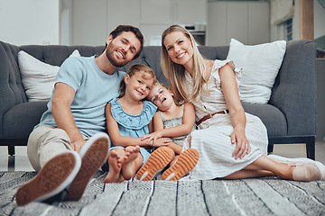 Image showing Love, family and floor in living room, relax and smile for bonding, relationship or loving. Happy, mother and father with kids, quality time and weekend break with girls, home and parents in lounge