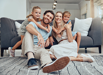 Image showing Happy family, bonding parents or children hug in Canada house or home living room in trust, relax support or love security. Portrait, smile or kids with mother, father or man and woman embrace