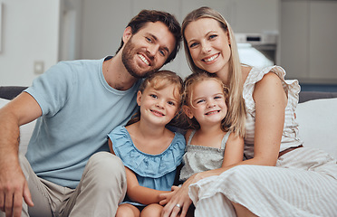 Image showing Portrait, mother and father with girls, smile and bonding on sofa for break, quality time and happiness. Love, family and parents with daughters, loving and joy for childcare, mama and dad with kids.