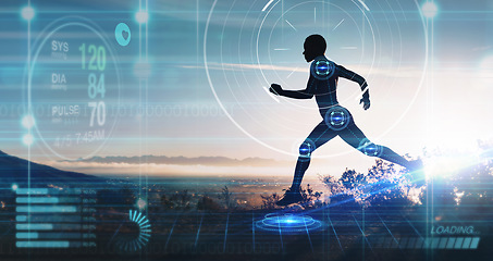 Image showing Hologram, athlete and running for wellness, exercise for healthy lifestyle and track heart rate. Male, futuristic and runner with digital sports, double exposure for marathon and fitness training.