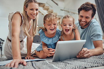 Image showing Tablet, children and education video with parents at home helping with elearning technology care. Parent love, girl and happy study learning app with kids streaming e learning games with mom and dad