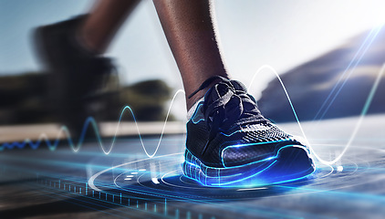 Image showing Hologram, shoes and sports for fitness, run and speed for health tracking outdoor. Future, sneakers and graphics for workout, exercise and balance for routine, training for marathon and wellness.