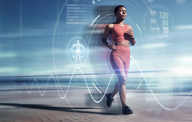 Image showing Exercise, fitness and black woman running with futuristic hologram, overlay or double exposure for cardio health. Wellness, sports and female runner with ai for pulse or time for training or workout.