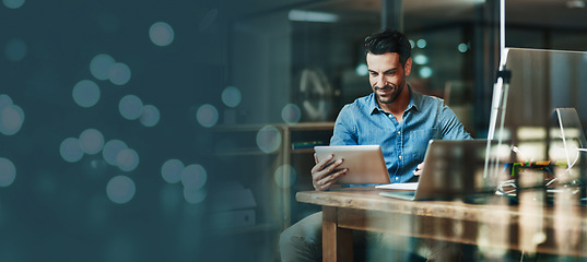 Image showing Tablet, research and night with a business man work overtime in a dark office for dedication. Data, innovation and management with a male employee working alone after hours in the evening with mockup