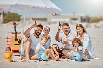 Image showing Love, family and beach for vacation, relax and spend quality time on sand, bonding or loving together. Grandparents, mother and father cheers with children, seaside or travelling for holiday or drink