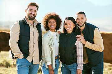 Image showing People, cow farm and portrait of couple of friends on countryside vacation in agriculture community. Diversity, smile and sustainability earth day holiday experience of a friend group with cows