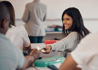 Image showing University, note and students cheating in exam passing paper notes in classroom. College corruption, education fraud and teamwork of woman helping man with answers in math examination test at school.