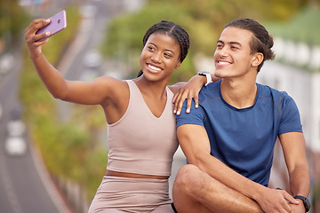 Image showing Fitness, couple and selfie, exercise and smartphone, outdoor in urban street and interracial, after workout photograph, smile. Phone photography, happy and wellness with man and black woman athlete.