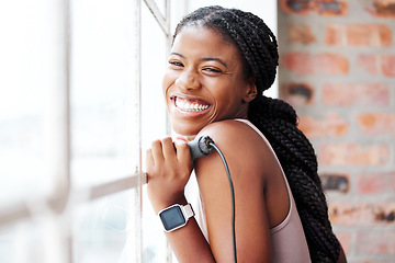 Image showing Black woman, window and happy with fitness, exercise and wellness in gym, healthy active lifestyle and training in workout studio. Happiness, African athlete portrait with sports motivation mockup.