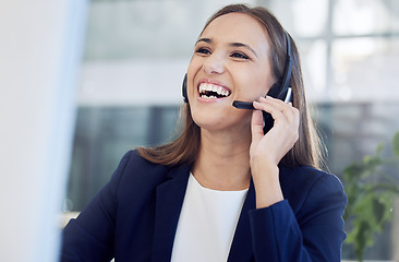 Image showing Call center, telemarketing and laughing woman on a customer service call giving advice. Contact us, crm and customer support with a female agent or consultant in communication online