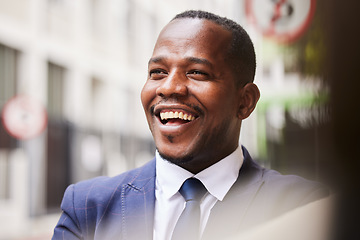 Image showing Business, black man and smile in city, success and happy outdoor for startup company, manager and relax. Male Nigerian, entrepreneur or ceo on street, confident and leadership for corporate or formal