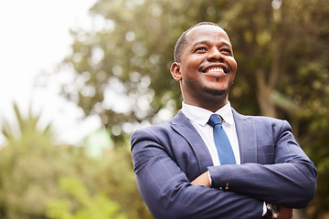 Image showing Business, black man and leader crossed arms, outdoor and thinking for startup company. Young male Jamaican, entrepreneur and ceo with leadership, management and vision for success, relax or in nature