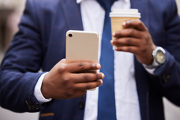 Image showing Businessman, hands and coffee with phone for communication on email, social media or networking. Travel, 5g and corporate black man on work commute with mobile app connection and latte drink.