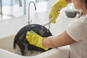 Image showing Cleaning pan, washing and hygiene hands with soap and water in the kitchen sink in home. Zoom of a female hand and bacteria to disinfect, protect and prevent the spread of germs with liquid foam