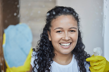 Image showing Cleaning, window and spray with portrait of woman with fabric rag for bacteria, hygiene and disinfection. Dust, germs and chemicals solution with girl cleaner and glass with product for housekeeping