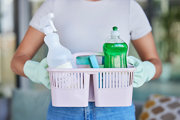 Image showing Woman, hands and basket for cleaning and housework with cleaning products for living room clean. Hygiene, cleaning supplies and detergent for home cleaning, spring cleaning and maintenance