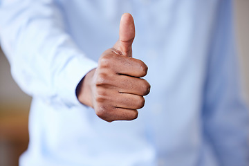 Image showing Closeup, like or thumb up for motivation, achievement or support sign. Hand emoji for yes, agreement or icon for winner, thank you or goal with praise review, finger feedback or good news for victory