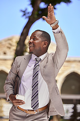 Image showing Business, phone or black man wave, hello and travel with connectivity, social media and taxi. Jamaican male, entrepreneur and smartphone with hand gesture for greeting, transport and commute in city.