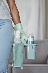 Image showing Cleaner hand, product for cleaning and fabric cloth, hygiene and cleaning service with housekeeping and glove for safety from bacteria. Chemical detergent, clean and spring cleaning with house work.