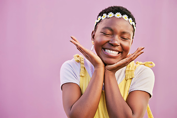 Image showing Skincare, black woman or cosmetics for face detox, summer style or smile on studio background. Hippie, Jamaican girl or young female with natural beauty, smooth or clear skin for confidence or mockup
