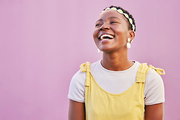 Image showing Face, laughing or fashion black woman on pink wall background with flower headband, accessory to stylish clothing. Smile, happy or comic student with trendy or cool clothes on city mock up backdrop