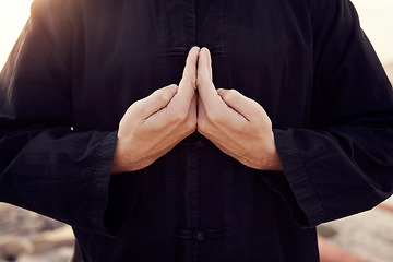 Image showing Tai chi, hands and fitness with man and meditation, martial arts with self defense exercise and peace, zen and calm. Karate, workout and spiritual, sports and wellness, athlete training in Japan.