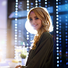 Image showing Party, nightlife portrait of a happy woman in a nightclub standing with a smile for a new year celebration. Happiness, night out and lady with energy clubbing and having fun at a social disco event.