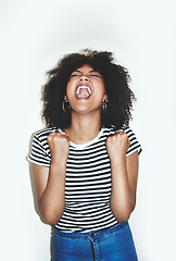 Image showing Stress, scream or angry black woman in studio screaming with anxiety on white background mockup space. Burnout, shouting or frustrated Afro girl stressed with frustration, anger or problem in Kenya