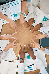 Image showing Peace, documents or hands in business meeting with team support, marketing strategy or sales target mission. Top view, victory or business people working in partnership or collaboration in office