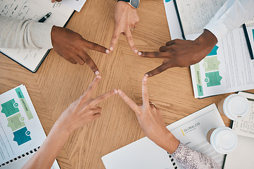 Image showing Group, fingers and star shape in office, diversity and teamwork at startup workshop with performance report. Business meeting, kpi documents and team with hands together in collaboration and support.