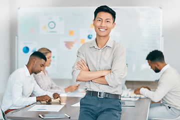 Image showing Businessman, arms crossed or boardroom office leadership with company growth vision, financial management innovation or investment ideas. Portrait, smile or happy finance worker with teamwork goals