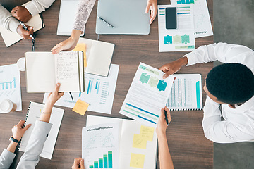 Image showing Collaboration, documents and financial with a business team working together in an accounting office from above. Meeting, data and finance planning with a man and woman accountant group at work