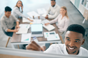 Image showing Whiteboard, presentation or manager writing a strategy for sales revenue growth in a company office meeting. Ideas, leadership or happy businessman coaching, training or teaching employees analytics