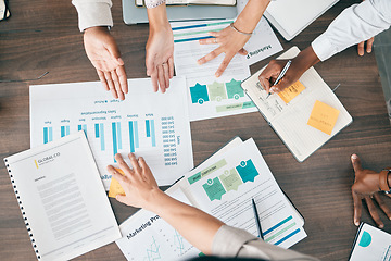 Image showing Collaboration, documents and financial with a business team working together in an accounting office from above. Meeting, data and finance planning with a man and woman accountant group at work