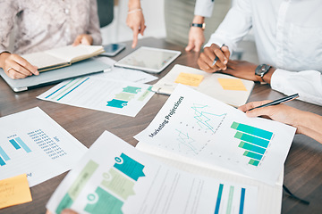 Image showing Collaboration, documents and financial with a business team working together in an accounting office from above. Meeting, data and finance planning with a man and woman accountant group at work