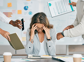 Image showing Stress, headache and business woman with burnout, overworked and overwhelmed with deadline from boss. Mental health, depression and multitasking female employee tired, sad and exhausted in office.