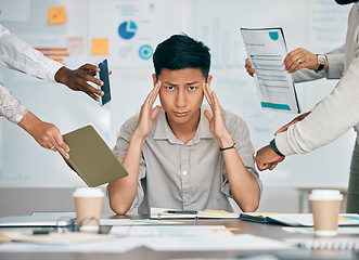 Image showing Stress, overworked and headache with businessman multitasking audit, schedule and compliance. Challenge, accountability and mental health with asian employee for burnout, frustrated and deadline