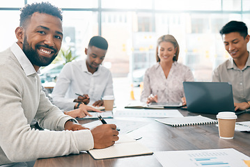 Image showing Business people, boardroom meeting or chart documents for company financial planning, office investment growth or insurance data analytics. Portrait, smile or happy finance worker on teamwork paper