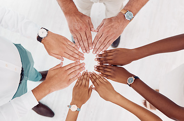 Image showing Teamwork, support and hands of business people in circle for motivation, community and trust in office. Collaboration, diversity and top view of employees hands together for vision, growth and goals