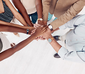 Image showing Teamwork, support and stack of hands of business people for community, trust and collaboration in office. Diversity, motivation and hands together of group of workers for agreement, goals and growth