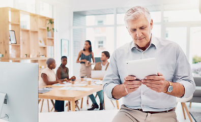 Image showing Tablet, business and senior man in office reading email, researching or internet browsing. Technology, company and elderly male employee with touchscreen for web scrolling, networking or fintech app.