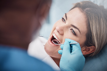 Image showing Teeth, dental or woman at a dentist for surgery, teeth whitening or mouth cleaning for gum disease bacteria. Wellness, tooth decay or hands helping or working with oral tools in healthcare clinic