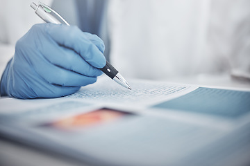 Image showing Scientist, hands or laboratory documents writing in medical research analytics, cancer life insurance or vaccine engineering results. Zoom, science worker or person and paper pen for healthcare study