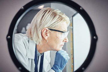 Image showing Scientist, worker or laboratory autoclave equipment in medical research, vaccine temperature control or dna engineering. Zoom, thinking face or mature woman or science centrifuge machine for medicine