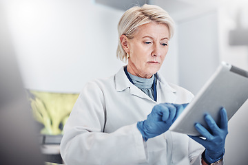 Image showing Tablet, thinking and science with a doctor woman at work in a lab for research, innovation or development. Healthcare, medical and idea with a senior female scientist working in a laboratory