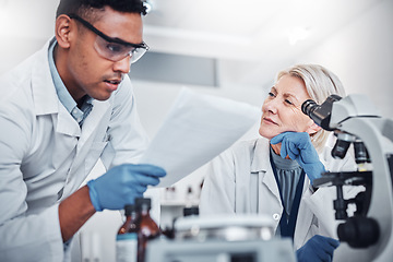 Image showing Science, research and team with documents in laboratory for analytics report, review and data analysis in clinic. Healthcare, collaboration and scientists reading medical results from lab test exam