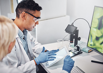 Image showing Science team, tablet and analysis study in lab for pharmaceutical collaboration, scientist teamwork and working on research. Medical review, laboratory innovation and pharmacy partnership on device