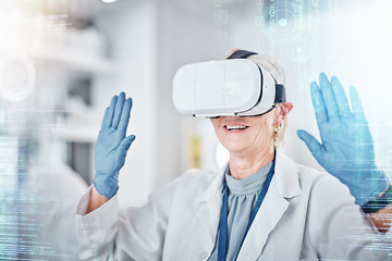 Image showing VR, healthcare and digital with a doctor scientist in a lab for research or innovation. Metaverse, virtual reality and future with a medical science professional using software in a laboratory